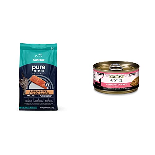 CANIDAE Premium Dry Cat Food and Wet Cat Food Bundle, Salmon Recipe- 5 Pound Bag, Morsels with Salmon and Whitefish in Broth- 2.46 Ounce Cans (Pack of 24), Grain Free
