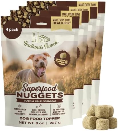 BADLANDS RANCH Superfood Nuggets ??Freeze-Dried Raw Dog Treat & Food Topper, Nutrient-Dense Duck & Kale Formula, High Protein, No Artificial Additives, 8oz Bags (4-Pack Bundle)