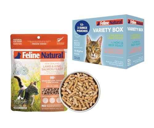 Feline Natural Cat Food Variety Pack – Wet Pate 3 oz (12-Pack) & Freeze-Dried Lamb & King Salmon 3.5 oz, Grain-Free