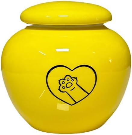 Yellow Ceramic Pet Urn for Ashes ??Handcrafted Heart-Paw Print Memorial Jar 4.9''×4.9'' Fits Pets up to 27 lbs, Elegant Indoor & Outdoor Decorative Keepsake for Dogs, Cats, and Fur Babies