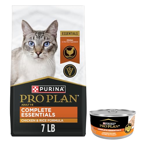 Purina Pro Plan Complete Essentials Chicken and Rice Formula Adult Dry Cat Food Bundle Complete Essentials Chicken Entrée High Protein Wet Cat Food, 2 Items