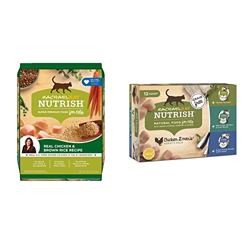 Rachael Ray Nutrish Chicken & Brown Rice 14 Pounds Dry Cat Food + Chicken Lovers Variety Pack 2.8 Ounce (Pack of 12) Wet Cat Food Bundle