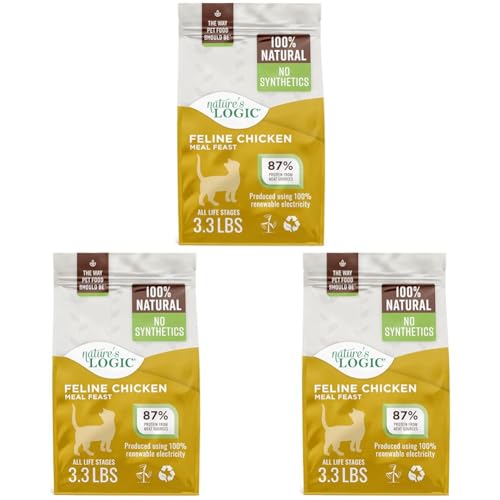 NATURE'S LOGIC Feline Chicken Meal Feast Cat Food - High-Protein Dry Food for Cats, 100% Natural Nutrition with Probiotics & Prebiotics - All Life Stages - Chicken, 3.3lbs (Pack of 3)