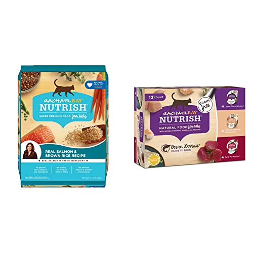 Rachael Ray Nutrish Salmon & Brown Rice 14 Pounds Dry Cat Food + Ocean Lovers Variety Pack 2.8 Ounce (Pack of 12) Wet Cat Food Bundle