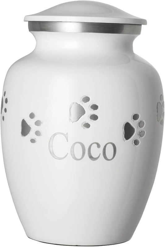 Pet Urn for Dogs and Cats with Personalized Laser Engraving, Ottillie Paws Premier Series Memorial Urns (X-Large Cloud White with Horizontal Pewter Paws)