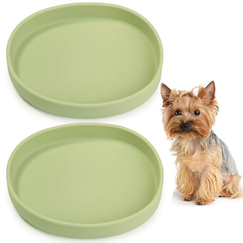 VCEPJH 2 Pack Silicone Dog Plates for Food Shallow Pet Bowl Flat Puppy Food Bowl Whisker Fatigue Cat Feeding Bowls Noiseless Dishes for Dry and Wet Food (Square-Round Green)