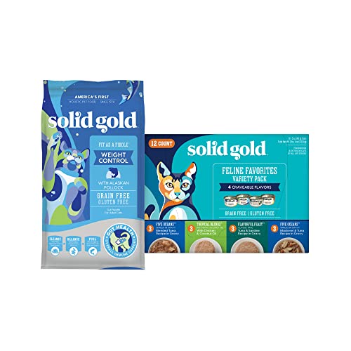 Solid Gold Fit as a Fiddle Weight Management Cat Food - Low Calorie Dry Cat Food with Alaskan Pollock - 3lb - Wet Cat Food Variety Pack - Wet Cat Food Pate & Shreds in Gravy Recipes - 12 Pack