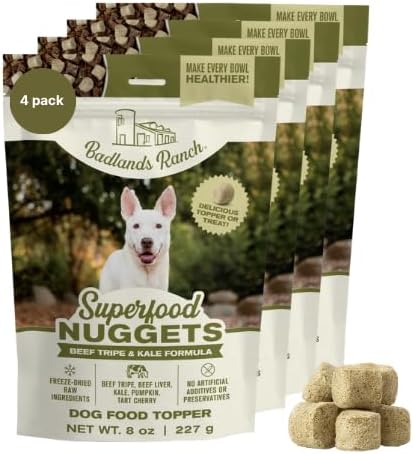 BADLANDS RANCH Superfood Nuggets ??Freeze-Dried Raw Dog Treat & Food Topper, Nutrient-Dense Beef Tripe & Kale Formula, High Protein, No Artificial Additives, 8oz Bags (4-Pack Bundle)