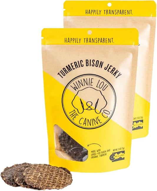 Winnie Lou Turmeric Bison Jerky Dog Treats ??Limited Ingredient, Human Grade, Training Treats for Small, Medium & Large Dogs, Made in USA (2 Pack)
