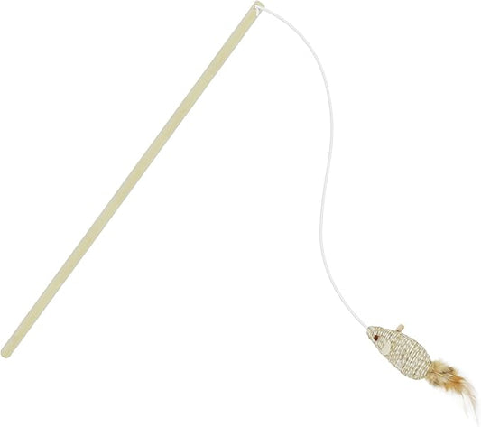 TTcat Wood Cat Wand Toy with Feather Mouse, Interactive Cat Toy for Indoor Cats Kitten to Play Chase Exercise