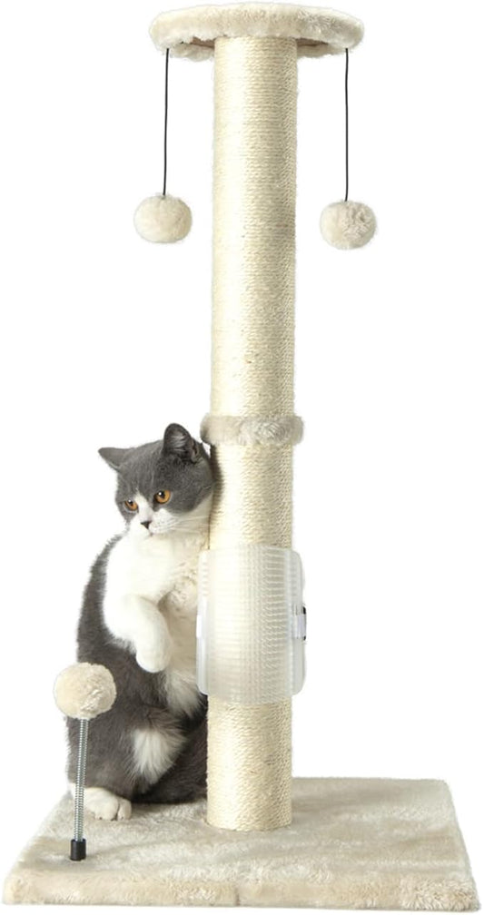 PEEKAB 32" Tall Cat Scratching Post Sisal Rope Scratch Posts with Hanging Ball and Self-Massage Brush Vertical Scratcher for Indoor Cats and Kittens(Beige 32inches)