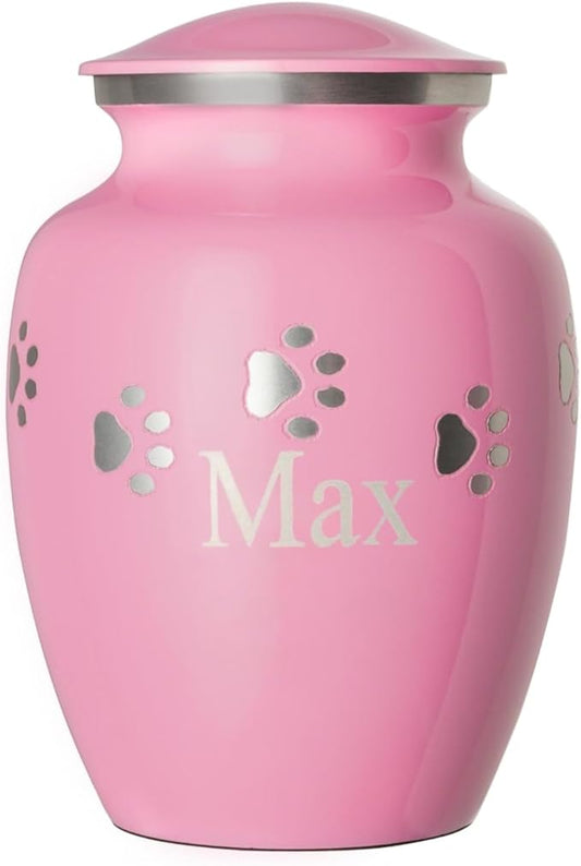 Pet Urn for Dogs and Cats with Personalized Laser Engraving, Ottillie Paws Premier Series Memorial Urns (Large Ardent Pink with Horizontal Pewter Paws)