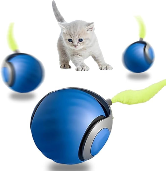 Automatic Cat Ball Toy with 2 Feather Tails - Rechargeable Interactive Cat Toys, 2-Speed Motion Activated Roller for Indoor Cats to Relieve Boredom (Small/Medium/Large Cats) (Blue)