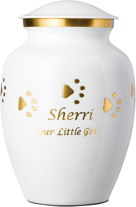 Pet Urn for Dogs and Cats with Personalized Laser Engraving, Ottillie Paws Premier Series Memorial Urns (X-Large Cloud White with Horizontal Brass Paws)