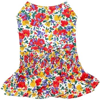 Parisian Pet Floral Printed Summer Dress - 100% Cotton Breathable Ruched Waist Dog Clothes - Beach Outfit - Cat Apparel - Dresses for Small Dogs Girl - 2XL