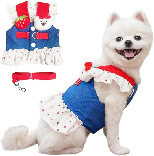 ANIAC Denim Dog Dress Harness with Leash Set Cute Small Dogs Clothes Girl Heart Patterns Puppy Dresses Breathable Mesh Cat Harness Leash Strawberry Chihuahua Yorkie Outfit (White Heart, XX-Large)