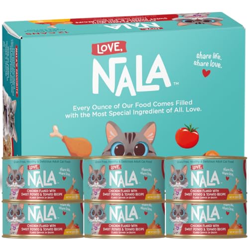 LOVE, NALA - Natural Adult Cat Wet Food - FLAKED Chicken, Sweet Potato, Tomato in Broth - Grain Free, Non-GMO, Digestive Fiber, Vitamins, Minerals - 12 Pack 2.4 lbs.