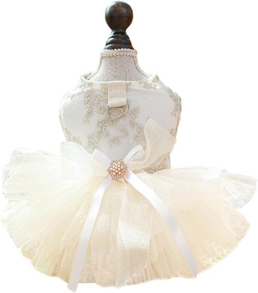 ANIAC Embroidered Dog Dress for Small Dog,Girl Puppy Princess Tutu Dress with Leash Ring,Cat Apparel,Chihuahua Yorkie Clothes for Birthday Wedding (X-Small, Champagne)