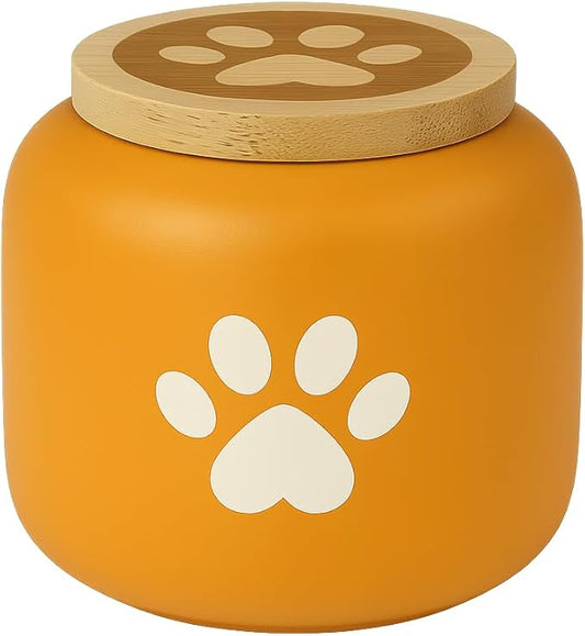 Yellow Small Porcelain Pet Urn with Wooden Paw Lid ??Ceramic Cremation Urn for Doggo, Kitty or Fur Baby Ashes 2.9''x2.9'' Sealing Well, Elegant Decorative Memorial Display Urn