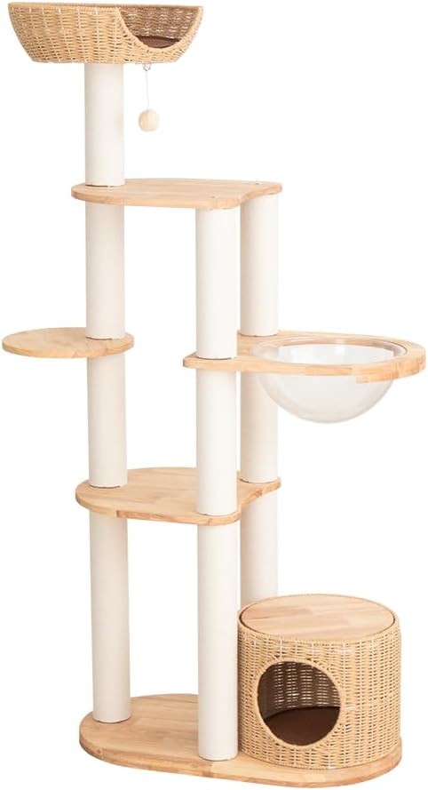 Wood Cat Tree for Large Cat, 63-Inch Tall Cat Tower with Scratching Post for Indoor Cats, Multi-Level Cat Condo with Hand-Woven Cat Bed and Acrylic Bowl Easy to Clean (White-63'')