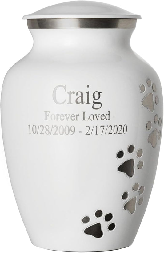 Pet Urn for Dogs and Cats with Personalized Laser Engraving, Ottillie Paws Premier Series Memorial Urns (X-Large Cloud White with Vertical Pewter Paws)