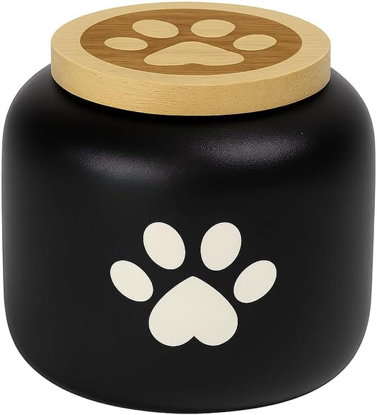 Black Large Porcelain Pet Urn with Wooden Paw Lid ??Ceramic Cremation Urn for Doggo, Kitty or Fur Baby Ashes 3.7''×4.1'' Sealing Well, Elegant Decorative Memorial Display Urn