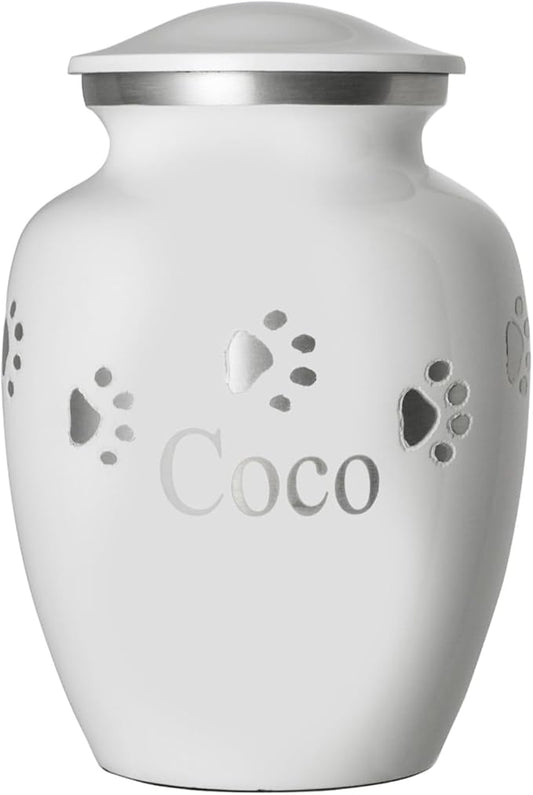Pet Urn for Dogs and Cats with Personalized Laser Engraving, Ottillie Paws Premier Series Memorial Urns (Large Cloud White with Horizontal Pewter Paws)