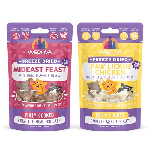 Bundle of Weruva Cat Freeze Dried Foods, Mideast Feast with Tilapia, and Paw Lickin' Chicken with Chicken Breast, 1oz Bags