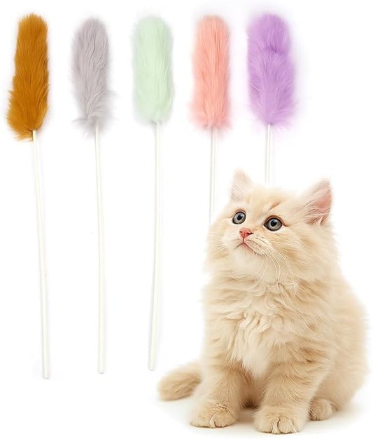 Rabbit Fur Cat Toys ??5PCS Interactive Cat Wand Toys for Indoor Cats, Soft Teaser Sticks for Play & Exercise, Natural Fur Cat's Teaser Set, 15" Long