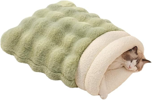Cat Sleeping Bags for Indoor Cats Self Warming Cat Bed Fits up to 15 lbs Pets Soft Plush Warm Bed 360° Wrap Bag Washable Comfortable Pet Sleeping Bed 21" × 17" Green