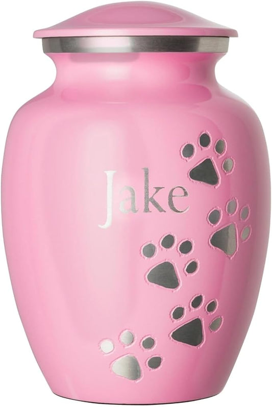 Pet Urn for Dogs and Cats with Personalized Laser Engraving, Ottillie Paws Premier Series Memorial Urns (Large Ardent Pink with Vertical Pewter Paws)