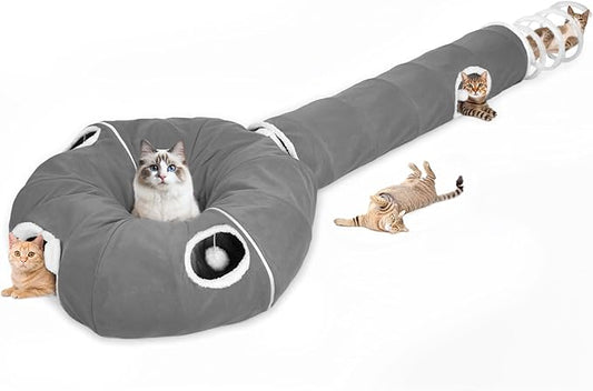 Ownpets 2-in-1 Cat Tunnel, Large Lollipop Shape Cat Tunnel Toy with Fluffy Balls, Spiral Toy, Plush Collapsible Cat Cave Hideout Donut Tunnel for Multi Kitten Puppy Rabbit, Grey