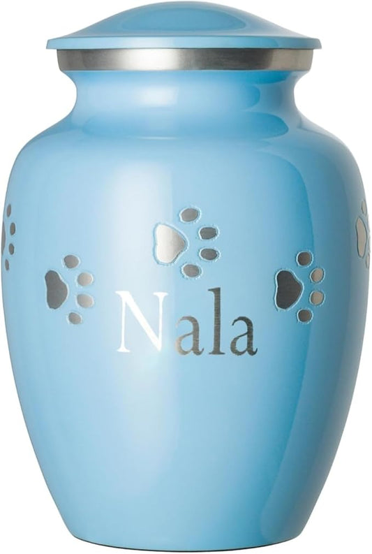 Pet Urn for Dogs and Cats with Personalized Laser Engraving, Ottillie Paws Premier Series Memorial Urns (Large Baby Blue with Horizontal Pewter Paws)