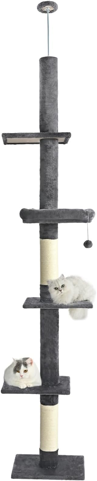 Floor to Ceiling Cat Tree, Cat Tower with Adjustable Height 98-110 Inches, 5 Tiers Tall Cat Tree Floor to Ceiling with Cozy Bed,Platforms, Sisal Scratching Posts for Cats Gray