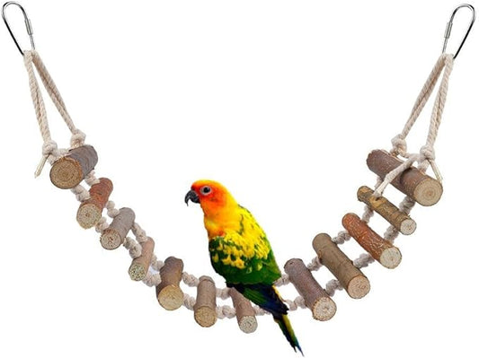 Wooden Bird Hanging Ladder, Parrot Rope Wood Ladder with Rope Swing Bridge for Lovebirds Parakeets Parrots African Grey Cockatiel Pet Training Toys