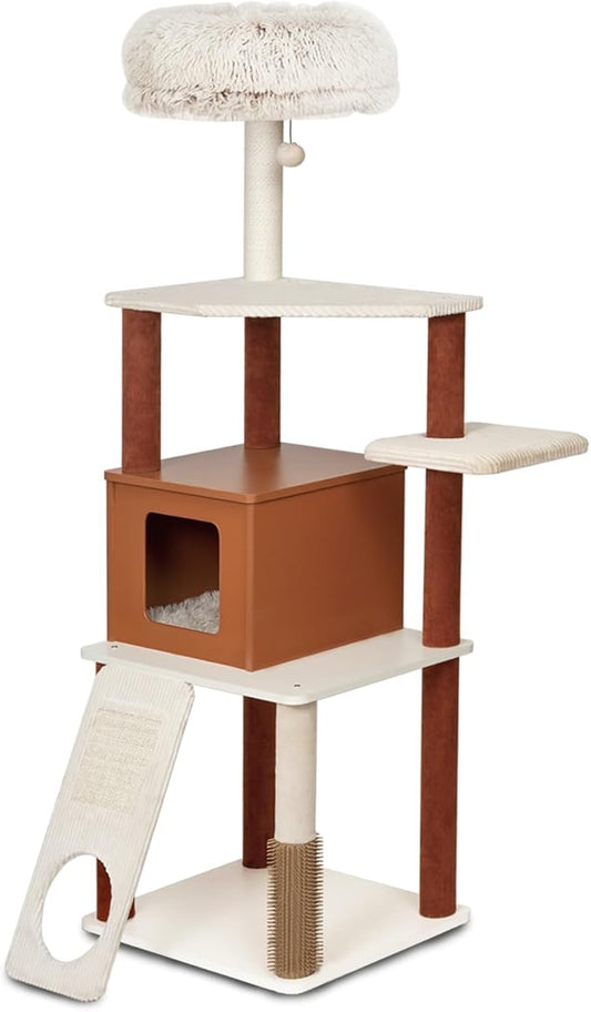 63 Inch Modern Cat Tree for Large Cats - Multi-Level Activity Center with Sisal Scratching Posts, Plush Perch, Enclosed Condo & Hanging Toy, Sturdy Wood Design for Indoor Use