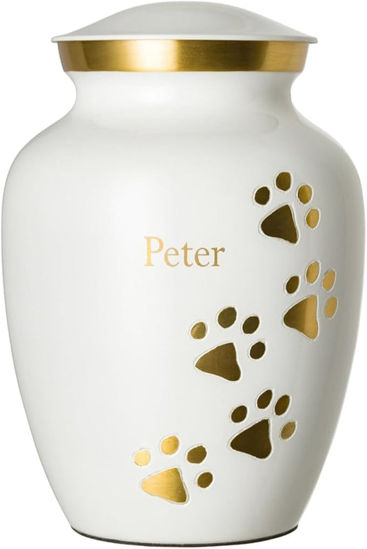 Pet Urn for Dogs and Cats with Personalized Laser Engraving, Ottillie Paws Premier Series Memorial Urns (Large Cloud White with Vertical Brass Paws)