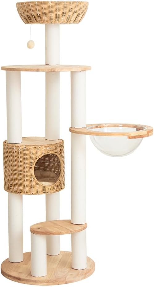 Wood Cat Tree for Large Cat, 57-Inch Tall Cat Tower with Scratching Post for Indoor Cats, Multi-Level Cat Condo with Hand-Woven Cat Bed and Acrylic Bowl Easy to Clean (Cream Y909S)