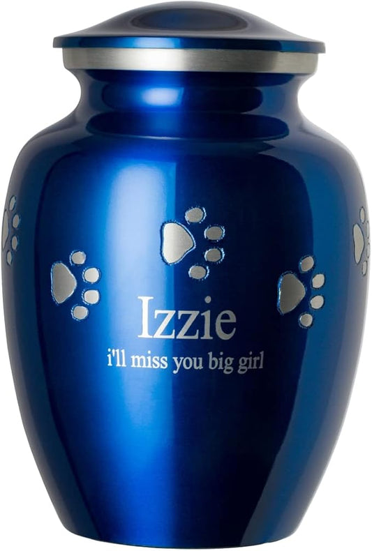 Pet Urn for Dogs and Cats with Personalized Laser Engraving, Ottillie Paws Premier Series Memorial Urns (Medium Sapphire Blue with Horizontal Pewter Paws)