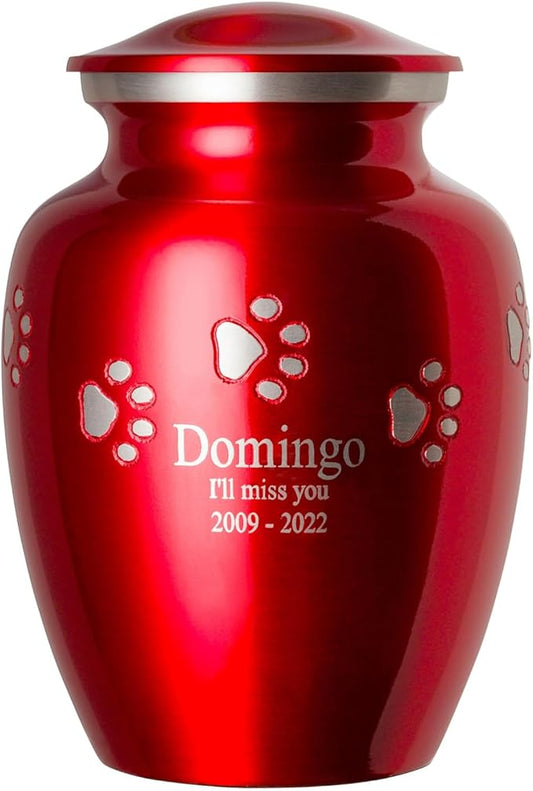 Pet Urn for Dogs and Cats with Personalized Laser Engraving, Ottillie Paws Premier Series Memorial Urns (X-Large Ruby Red with Horizontal Pewter Paws)
