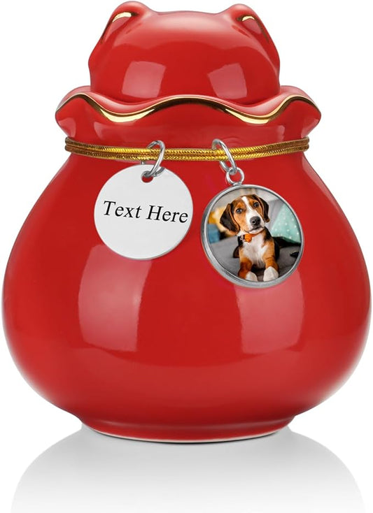 SOITIS Engraving Customized Pet Memorial Urn for Cat or Dog Ashes - 3.54"x3.15" Elegant Ceramic Keepsake Holder with Cat-Shaped Lid & Gold Trim, Small Red Urn for Pet Ashes