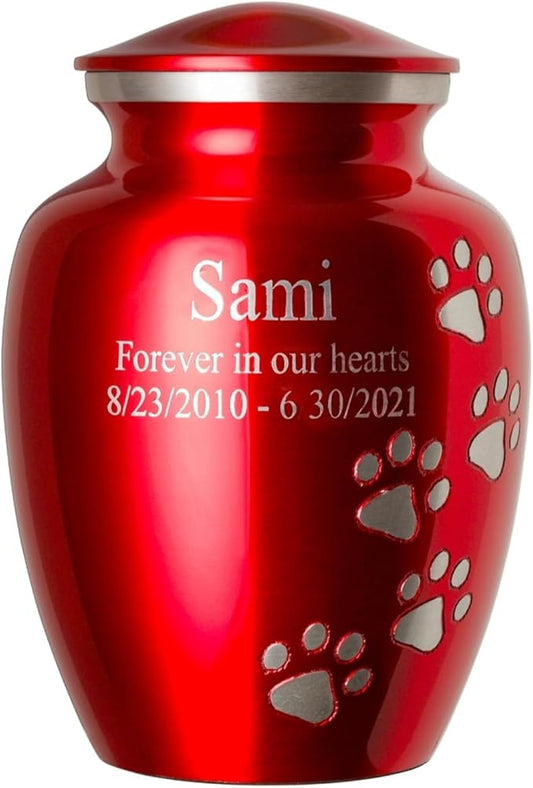 Pet Urn for Dogs and Cats with Personalized Laser Engraving, Ottillie Paws Premier Series Memorial Urns (X-Large Ruby Red with Vertical Pewter Paws)