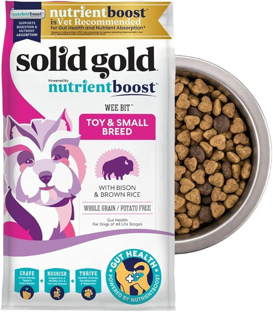Solid Gold Toy & Small Breed Dog Food Dry Small Bites ??Real Bison & Healthy Whole Grain Dogfood ??Potato Free, High Fiber Healthy Dog Kibble w/Probiotics for Gut Health ??NutrientBoost????3.75 lb