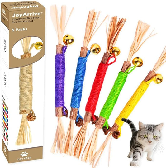 Natural Dried Matatabi Cat Chew Stick with Gall Fruit, Raffia Grass & Bell Cat Ball Toys, Handmade Silvervine Sticks Interactive Catnip Toy for Teething & Entertainment (Size M Color B)