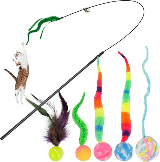 SHENGSEN Feather Wand Cat Toy,Bouncy Ball with Tail Cat Toys,Magic Worm with Large Colorful Ball Toy for Cats,Cat Feather Toys for Indoor Cats,Colorful Fuzzy Worm Bouncy Balls Cat Toy (ADM102-B-5A)