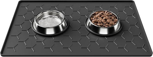 Pieviev Dog Cat Food Bowl Mat, Silicone Waterproof Food Grade Pet Food Mat for Floor, High Raised Edge to Prevent Spills, Non-Slip & Easy Clean Pet Placemat for Dog & Cat Bowls, 24''x16'', Black
