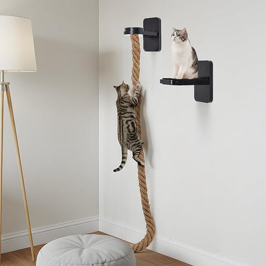 Weysat Cat Tree with 2 x 59.1 Inch Climbing Rope Wall Mounted Cat Climbing Tower Toy with Scratching Post Kitten Rope Ladder with Jumping Platform Wall Steps for Playing and Rest(Black,Classic)