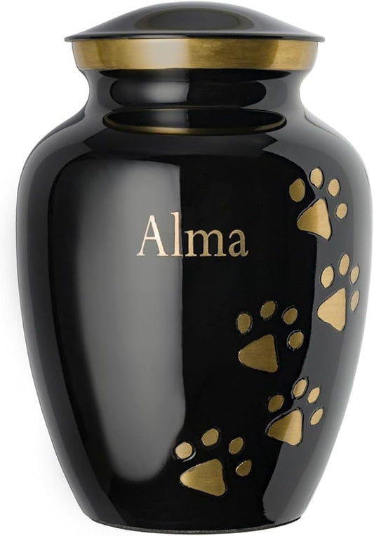 Pet Urn for Dogs and Cats with Personalized Laser Engraving, Ottillie Paws Premier Series Memorial Urns (X-Large Ebony with Vertical Brass Paws)