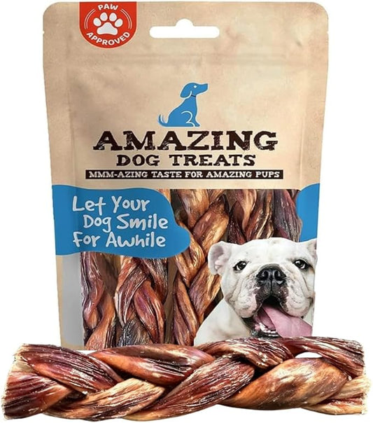 Amazing Dog Treats - 6 Inch Braided Gullet Stick (8 Pc/Pack) - Dog Jerky Treats - Beef Esophagus -Gullet for Dogs - Beef Esophagus Dog Treats