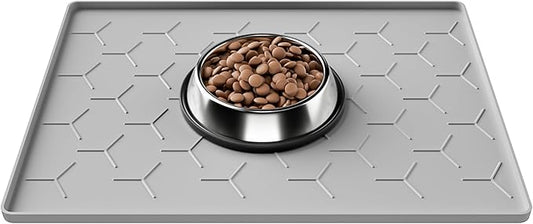 Pieviev Dog Cat Food Bowl Mat, Silicone Waterproof Food Grade Pet Food Mat for Floor, High Raised Edge to Prevent Spills, Non-Slip & Easy Clean Pet Placemat for Dog & Cat Bowls, 16''x12'', Light Gray